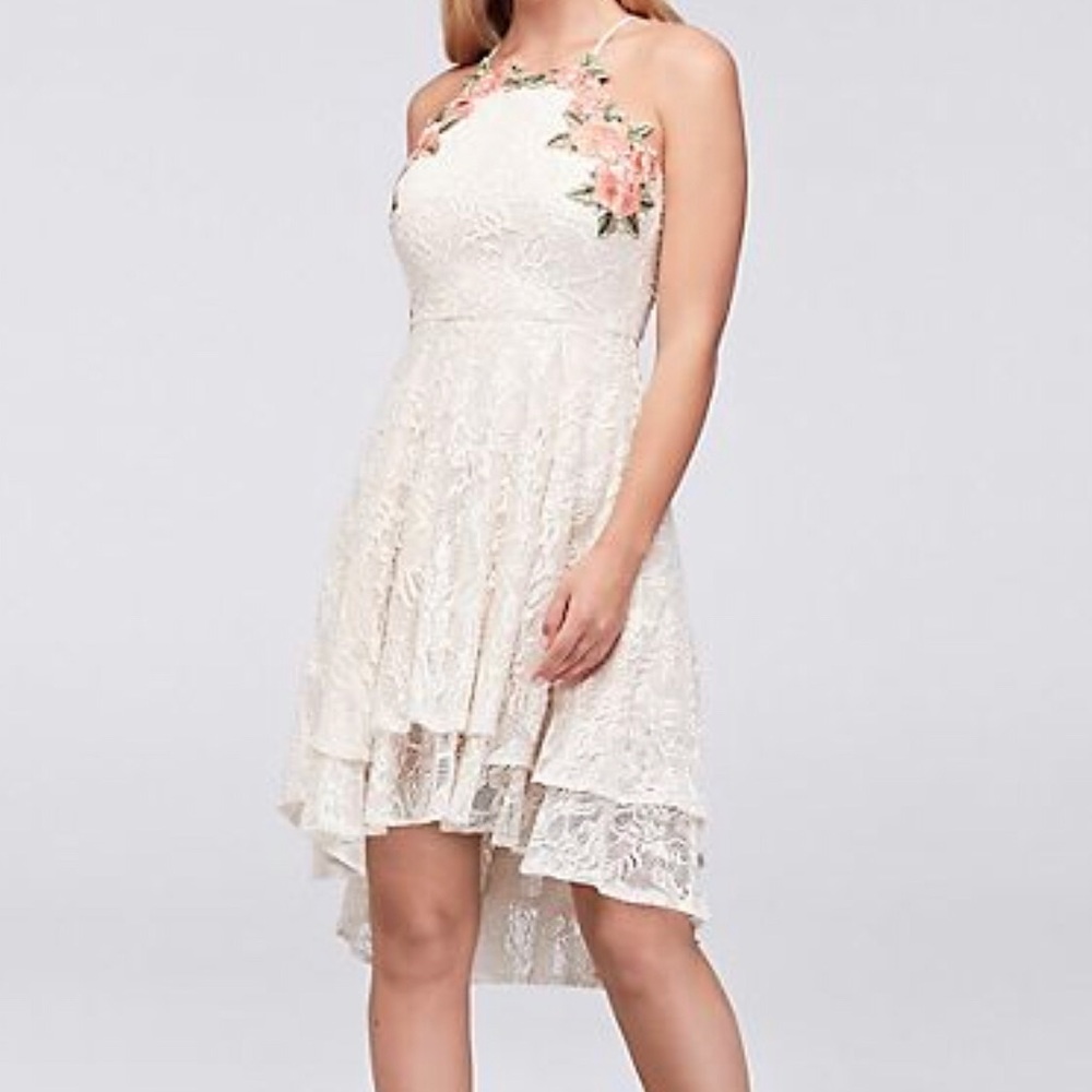 High Low Lace Dress with Floral Embroidery